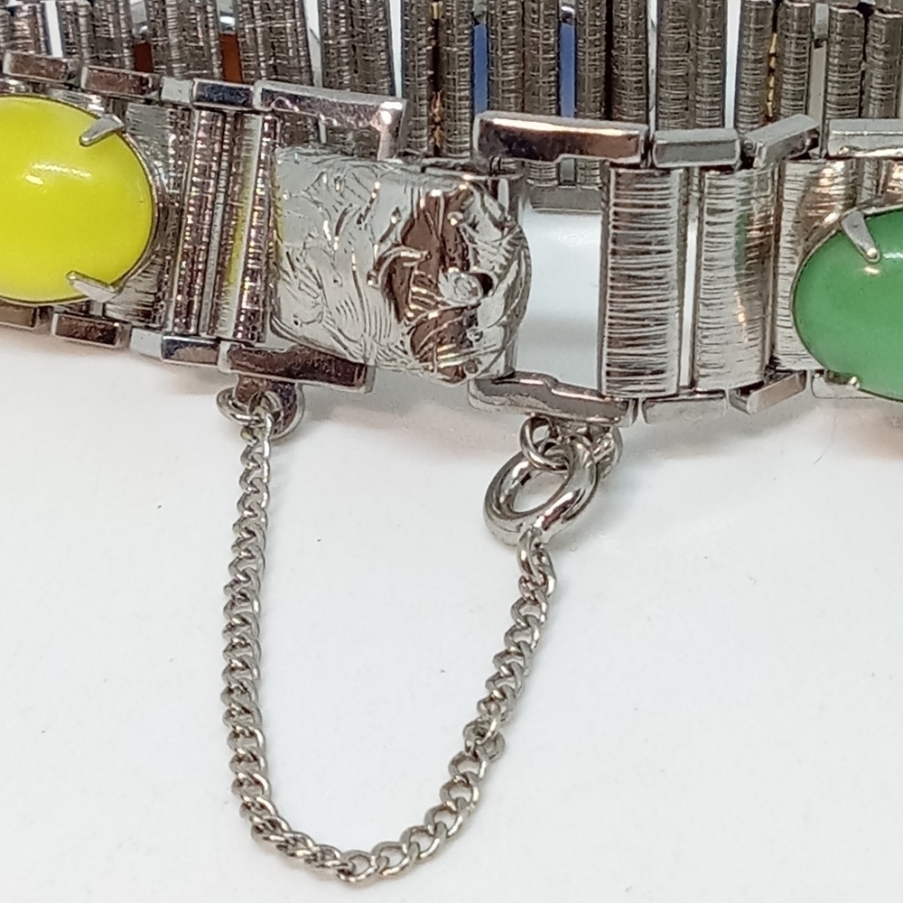 * vintage Sarah Coventry multi-color glass oval cabs bracelet w/safety chain 7" - Picture 5 of 6